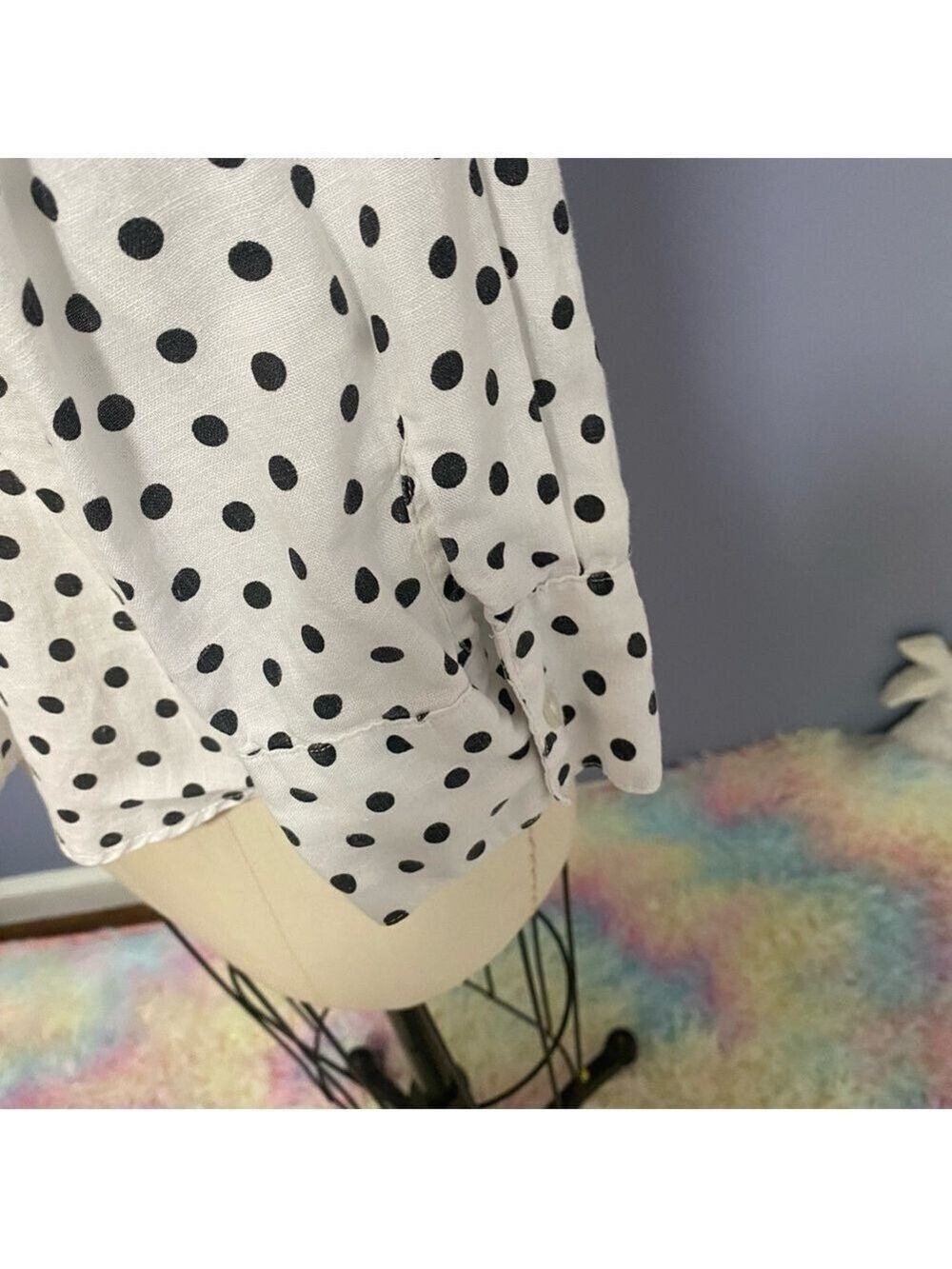 Saint Tropez West White Linen Polka Dot Button-Down Top Size Large - Picture 5 of 7